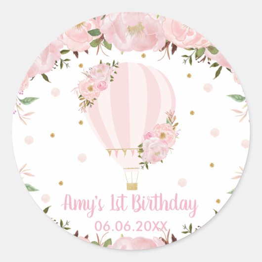 Roze Blush Bloemachtige Heet Lucht Ballon Cadeautj Ronde Sticker (Voorkant)