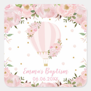 Roze Blush Bloemachtige Heet Luchtballon Doop Favo Vierkante Sticker