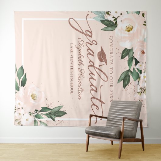 Roze Blush Bloemen Afstuderen Party Foto Achtergro Wandkleed (In Situ (horizontaal))