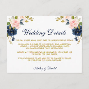 Roze Blush Bloemen Blauw Goud Trouwdetails Kaart