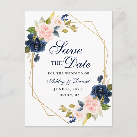 Roze Blush Bloemen Blauw Save the Date Aankondigingskaart (Voorkant)