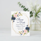 Roze Blush Bloemen Blauw Save the Date Aankondigingskaart (Staand voorkant)
