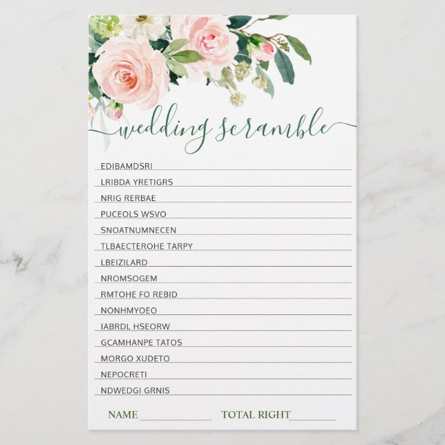 Roze Blush Bloemen Bruidsfeest Scramble Spel (Voorkant)