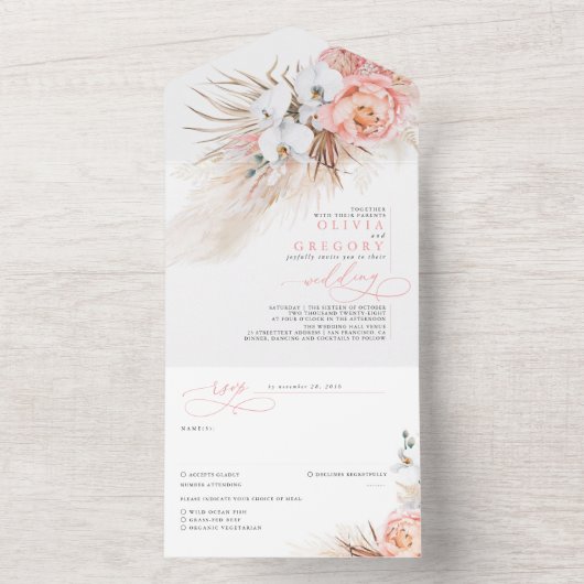 Roze Blush Bloemen en Pampas Grass Exotische Bruil All In One Uitnodiging (Binnen)