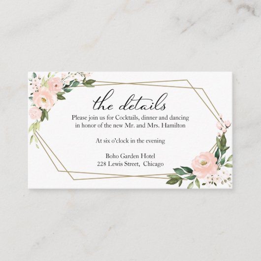 Roze Blush Bloemen Geometrische Bruiloft Details Informatiekaartje (Voorkant)