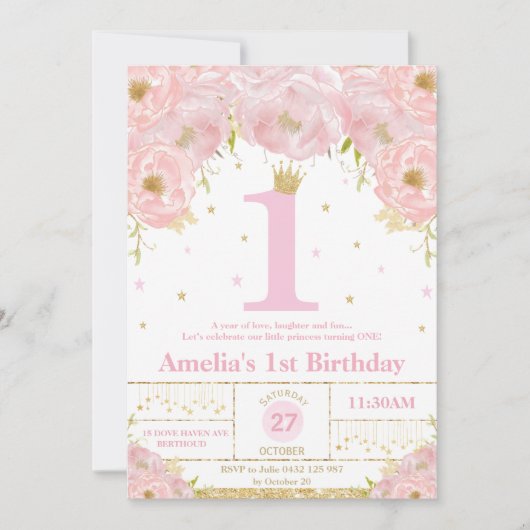 Roze Blush Bloemen Goud 1e verjaardag Meisje Prins Kaart (Voorkant)
