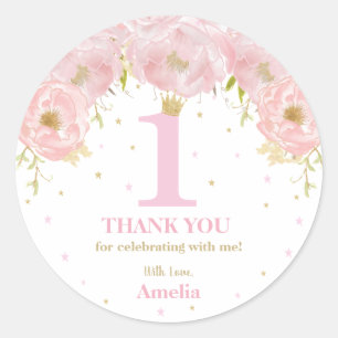 Roze Blush Bloemen Goud 1e verjaardag Meisje Prins Ronde Sticker