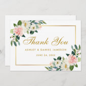 Roze Blush Bloemen Goud Bruiloft Dank u Bedankkaart (Voorkant / Achterkant)