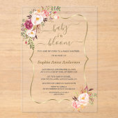 Roze Blush Bloemen Gouden Meisje Baby Shower Acryl Uitnodigingen (Voorkant)