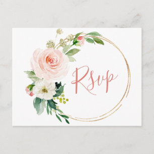 Roze Blush Bloemen Groene Florale Trouw RSVP Briefkaart
