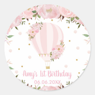 Roze Blush Bloemen Hete Luchtballon Verjaardagsgun Ronde Sticker