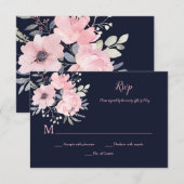 Roze Blush Bloemen - Marine - Bruiloft | RSVP Kaartje (Voorkant / Achterkant)