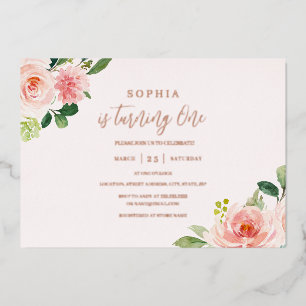 Roze Blush Bloemen Meisje 1e Verjaardag Folie Uitnodiging