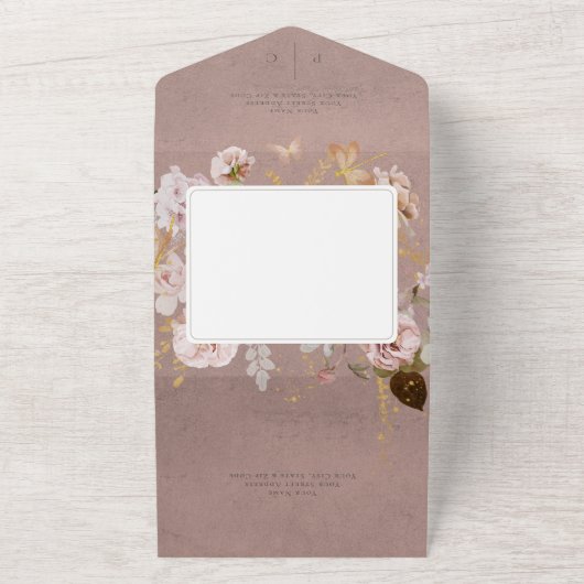 Roze Blush Bloemen Monogram Diner All In One Uitnodiging (Buitenkant)
