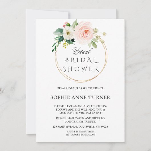 Roze Blush Bloemen Virtuele Bruiloft Met Post Kaart (Voorkant)