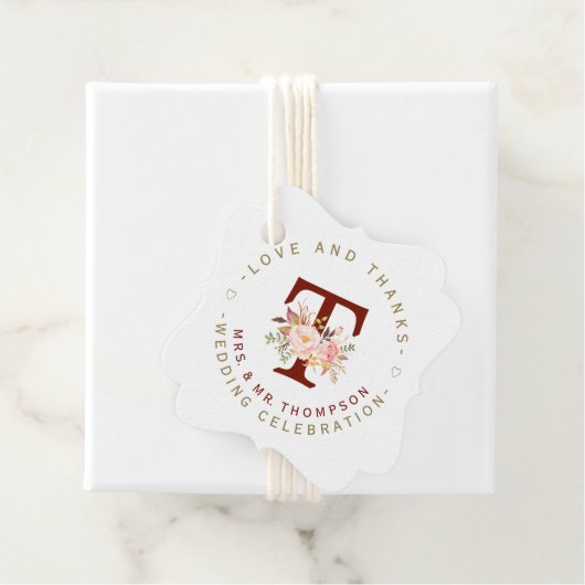 Roze Blush Bloemend Monogram Cirkelvormig Huwelijk Bedankjes Labels (In situ)