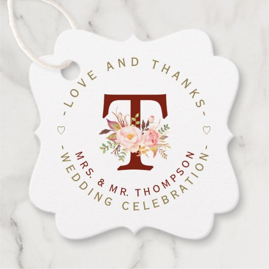 Roze Blush Bloemend Monogram Cirkelvormig Huwelijk Bedankjes Labels (Voorkant)