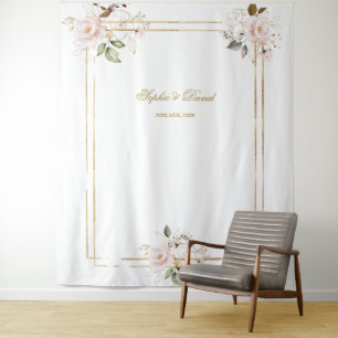 Roze Blush Bloemenen Gouden Frame Photo Booth Acht Wandkleed
