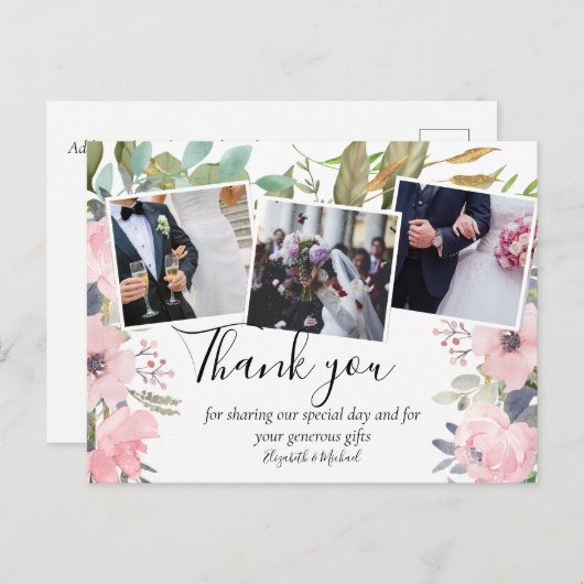 Roze Blush Bloemige Salie Groene Bruiloft Briefkaart (Voorkant / Achterkant)