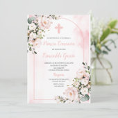 Roze blush bloesem eerste communie Uitnodiging (Staand voorkant)