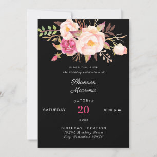 Roze Blush Blooming Floral Birthday - zwart Kaart
