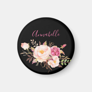 Roze Blush Blooming Floral - zwart Magneet