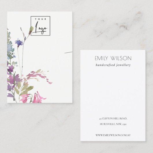 Roze Blush Blue Bell Floral Bunch Ketting Display Visitekaartje (Voorkant / Achterkant)