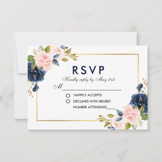 Roze Blush Blue Floral Wedding RSVP (Voorkant)