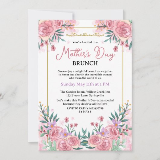 Roze Blush Botanische Bloemen Moederdag Brunch Kaart (Voorkant)