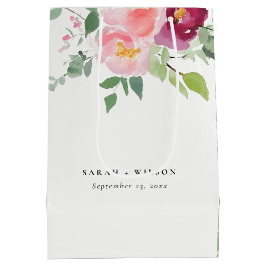 Roze Blush Bourgogne Roos Waterverf bruiloft Medium Cadeauzakje (Achterkant)