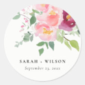Roze Blush Bourgogne Roos Waterverf bruiloft Ronde Sticker (Voorkant)