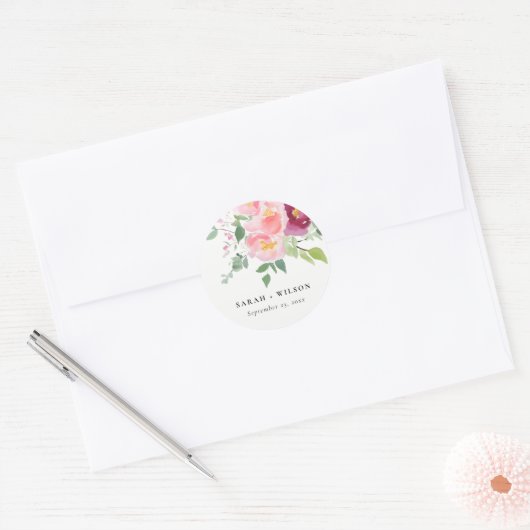 Roze Blush Bourgogne Roos Waterverf bruiloft Ronde Sticker (Envelop)