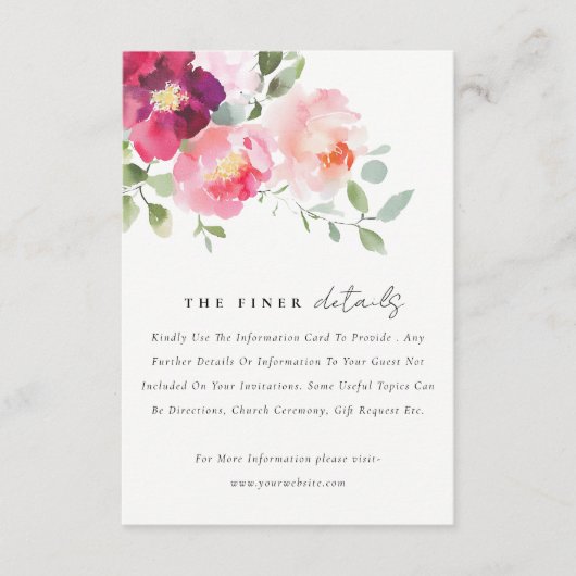 Roze Blush Bourgogne Roos Waterverf Trouwdetail Informatiekaartje (Voorkant)