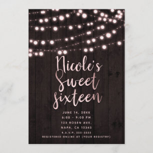 Roze Blush Bruin Rustiek Hout & Lichtjes Sweet 16 Kaart