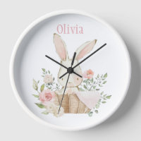 Roze Blush Bunny Rabbit Name Nursery Clock