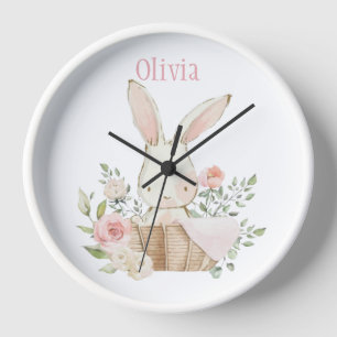 Roze Blush Bunny Rabbit Name Nursery Clock