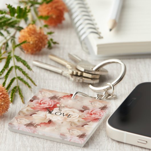  Roze Blush Cream Roos Bloemen Sleutelhanger (Voorkant Rechts)