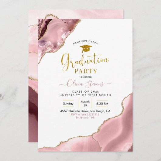 Roze Blush en Gold Agate Graduparty Kaart (Voorkant / Achterkant)