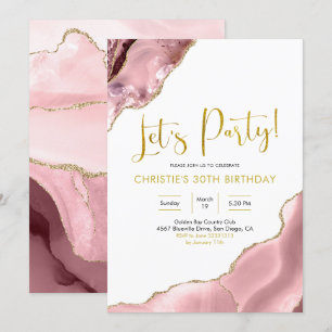 Roze Blush en Gold Agate Let's Party Kaart