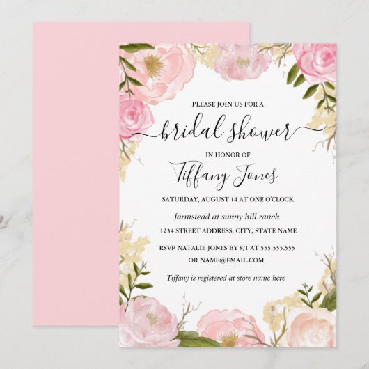 Roze Blush Floral Bridal Shower Invitation Kaart (Voorkant / Achterkant)