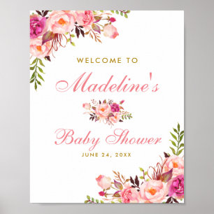 Roze Blush Floral en Gold Baby shower Welkom Poster