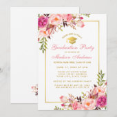 Roze Blush Floral Gold Graduparty uitnodiging (Voorkant / Achterkant)