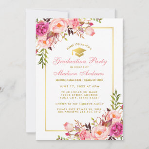 Roze Blush Floral Gold Graduparty uitnodiging