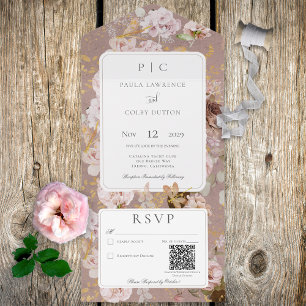  Roze Blush Floral Monogram QR Code All In One Uitnodiging