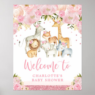 Roze Blush Floral Safari Wilde Dieren Welkom Baby Poster