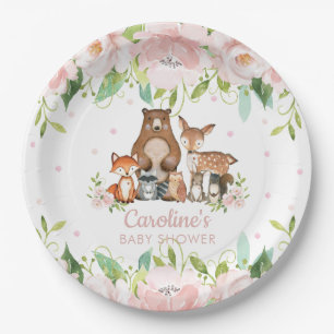 Roze Blush Floral Woodland Animals Baby shower Papieren Bordje