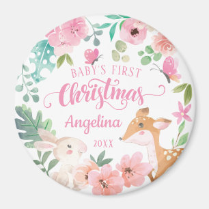 Roze Blush Floral Woodland Baby's eerste Kerstmis Magneet