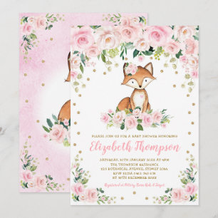 Roze Blush Floral Woodland Fox Baby Girl Shower Kaart