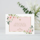 Roze Blush Flowers Gold Cross First Heilige Commun Bedankkaart (Staand voorkant)
