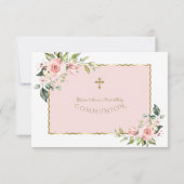 Roze Blush Flowers Gold Cross First Heilige Commun Bedankkaart (Achterkant)